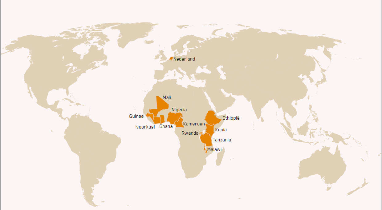Kaart met landen waar we actief zijn: Nederland, Mali, Guinee, Nigeria, Ghana, Ivoorkustc, Kameroen, Rwanda, Ethiopië, Kenia, Tanzania, Malawi